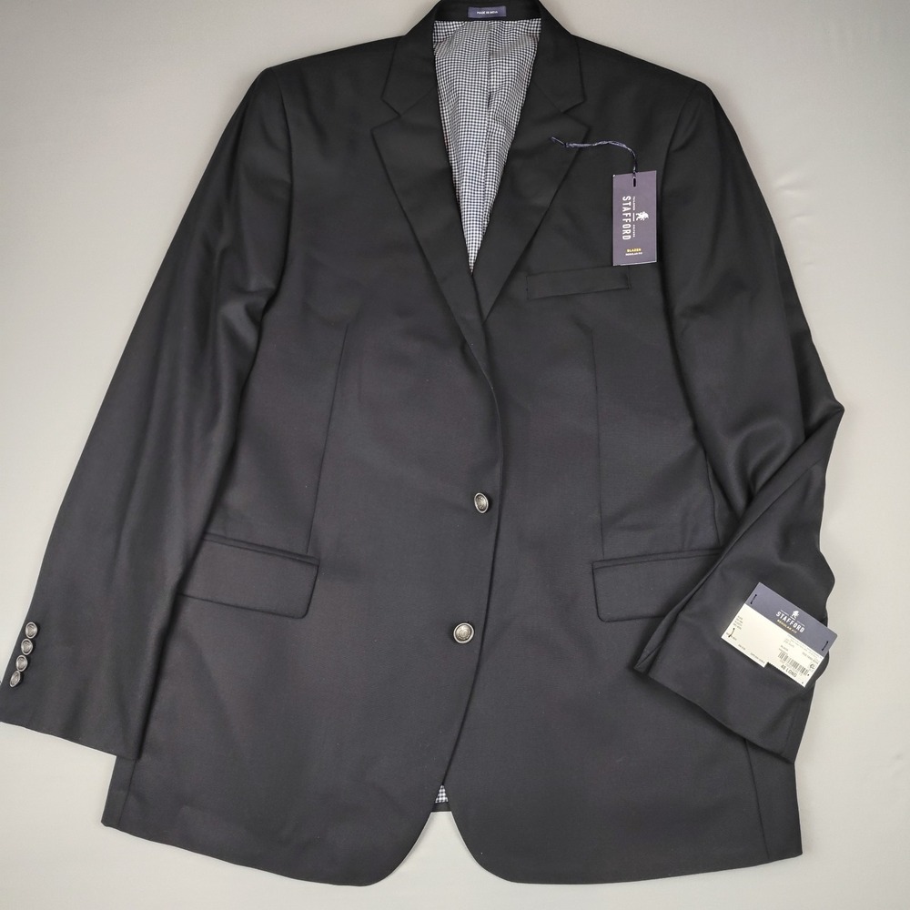 NWT Stafford Mens Blazer 48L Black 100% Wool Regular Fit Sport Coat Jacket